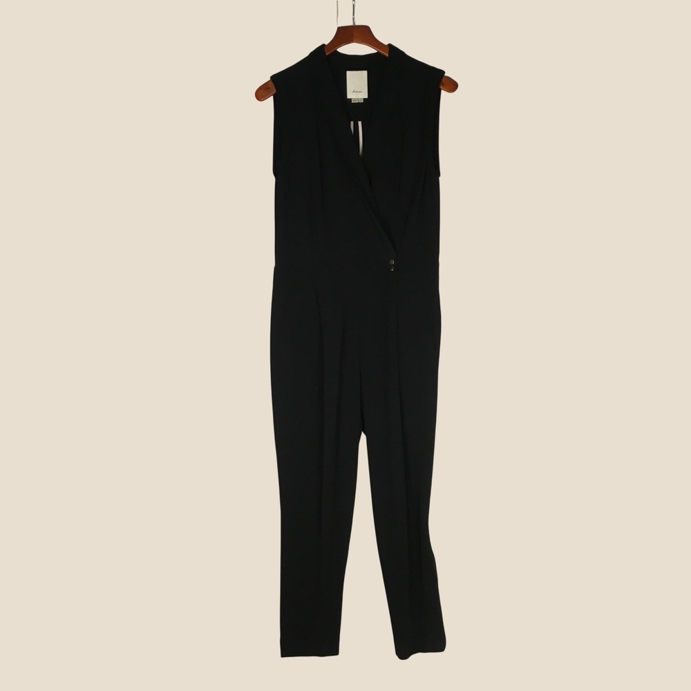 Elevenses Anthropologie Sleeveless Black Jumpsuit V Neck Gold Buttons Size 6